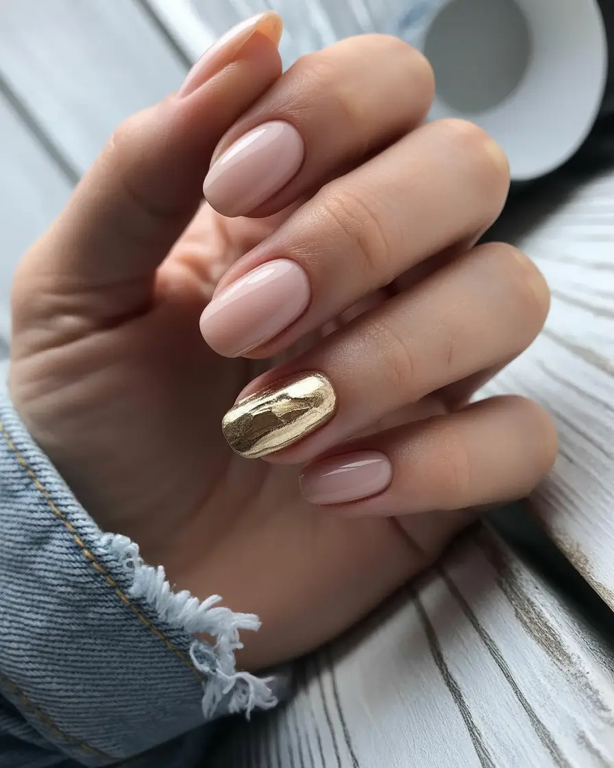fall wedding nails 2025 Golden Statement Accent on Soft Nude