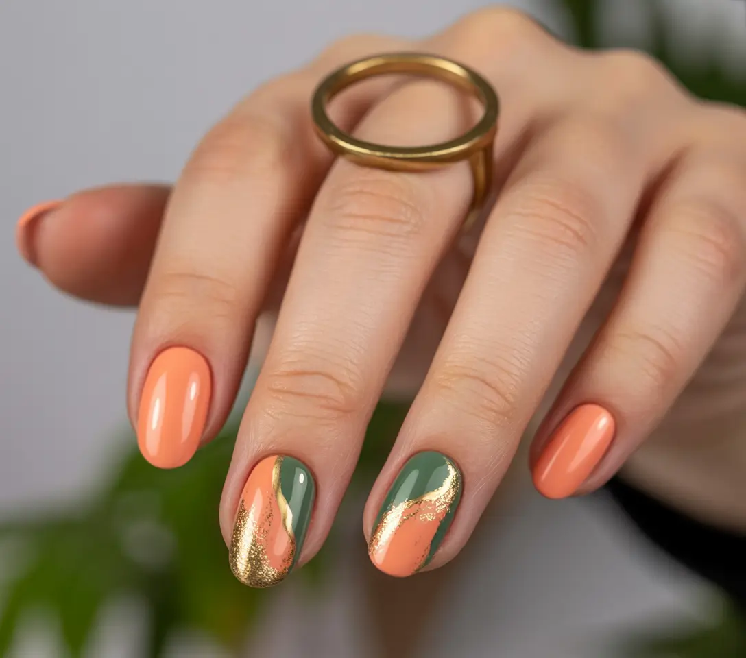 minimalist fall nails 2025 Peach and Olive with Golden Brushstrokes
