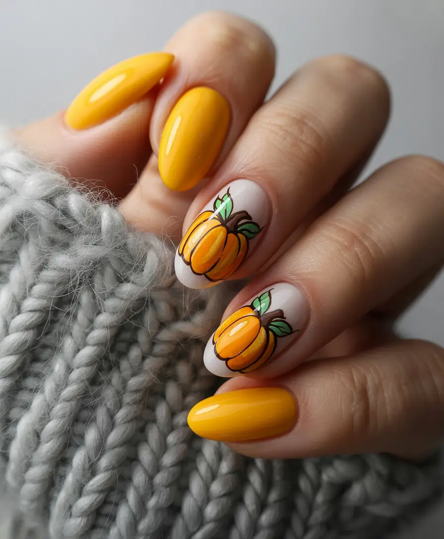 minimalist fall nails 2025 Sunny Pumpkins with Yellow Pop