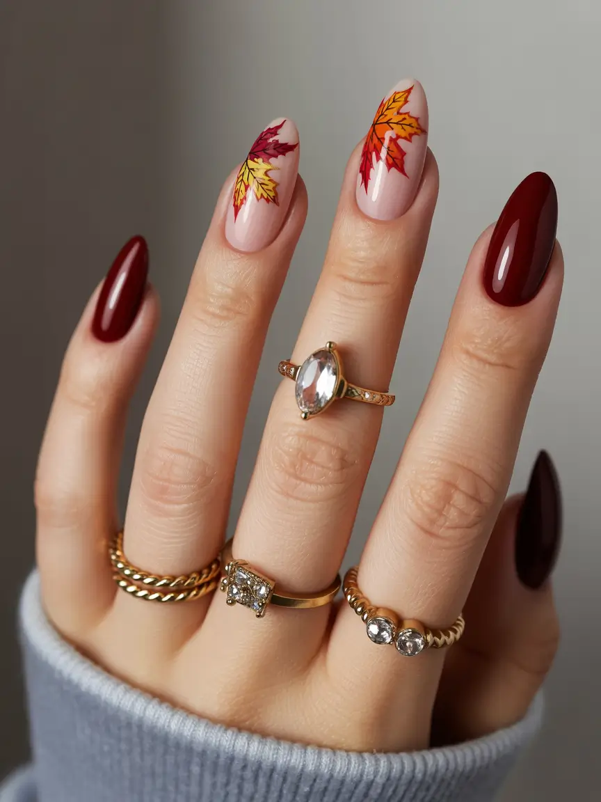 minimalist fall nails 2025 Crimson Leaves on Nude