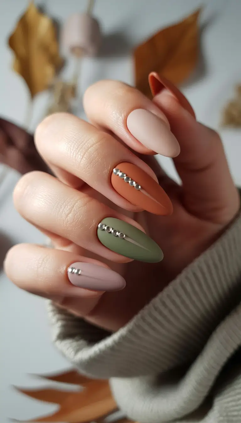 minimalist fall nails 2025 Earthy Matte with Silver Studs