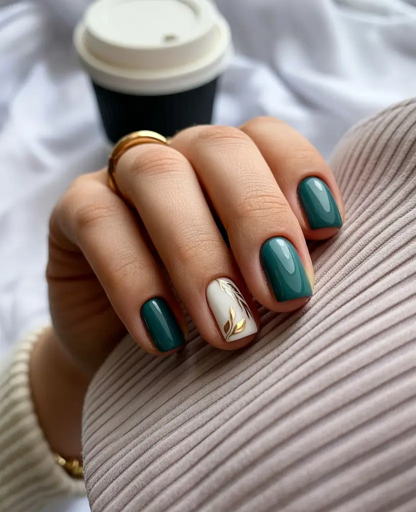 minimalist-fall-nails-2025-Evergreen-Elegance-with-Golden-Accents