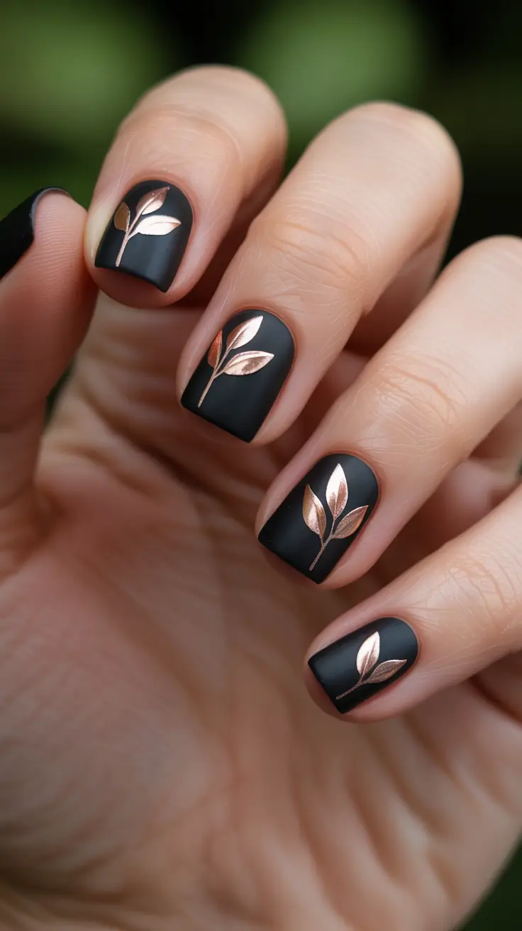 minimalist-fall-nails-2025-Black-Matte-with-Rose-Gold-Leaves