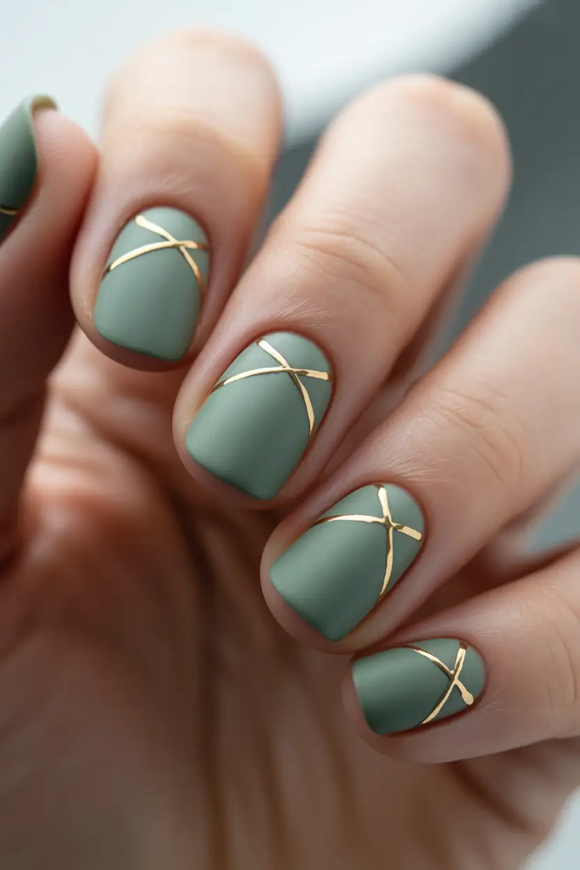minimalist-fall-nails-2025-Olive-Green-with-Geometric-Gold-Lines