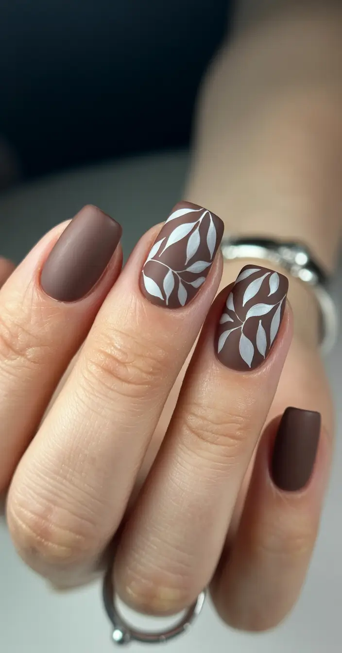 minimalist-fall-nails-2025-Warm-Brown-with-Subtle-White-Leaf-Art