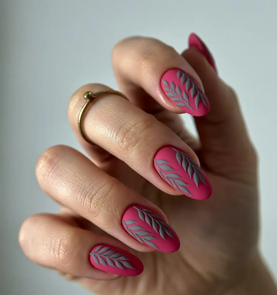 minimalist-fall-nails-2025-Berry-Matte-with-Leaf-Detailing