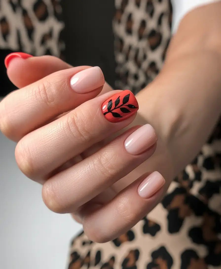 minimalist fall nails 2025 Coral Accent with Botanical Touch