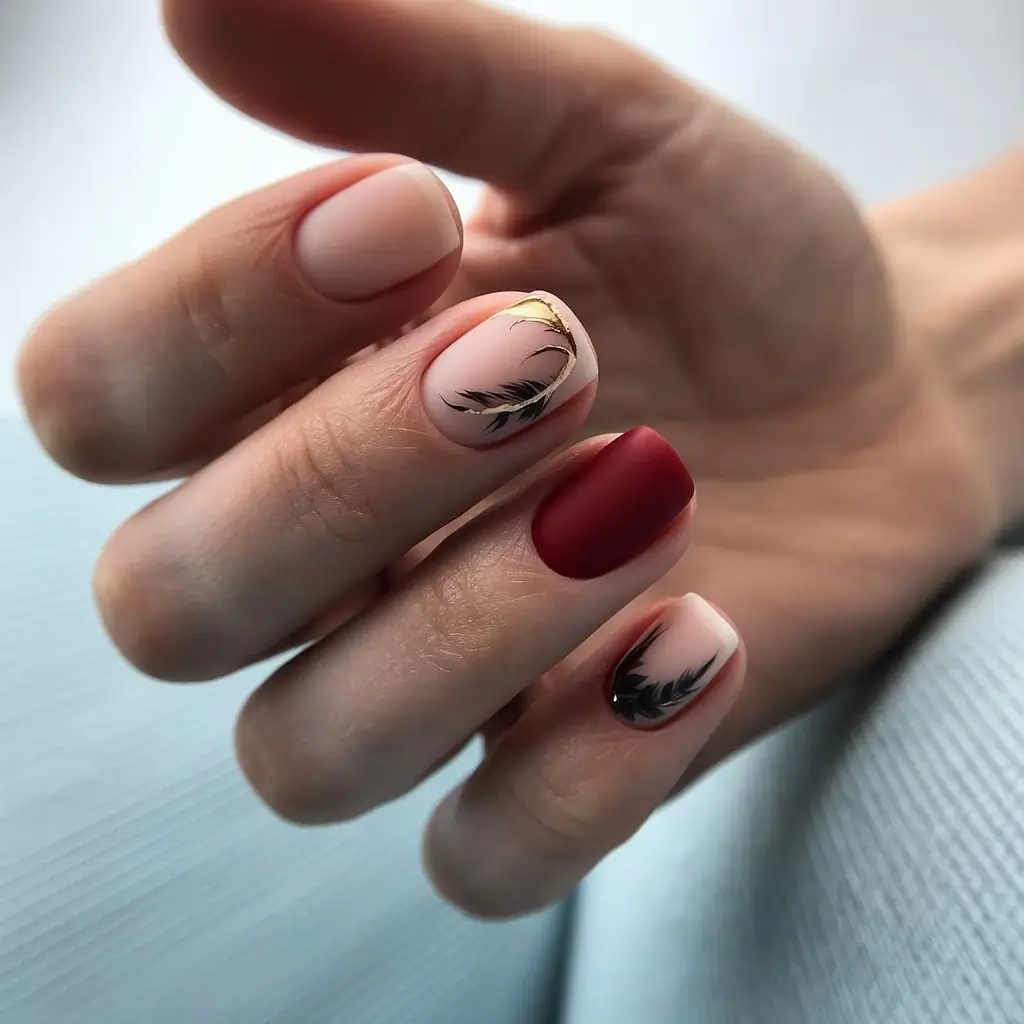minimalist fall nails 2025 Feathered Elegance in Burgundy and Nude
