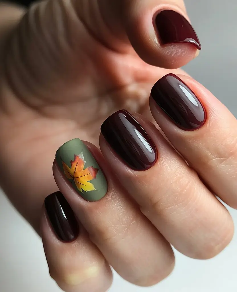 minimalist fall nails 2025 Olive and Burgundy Maple Detail