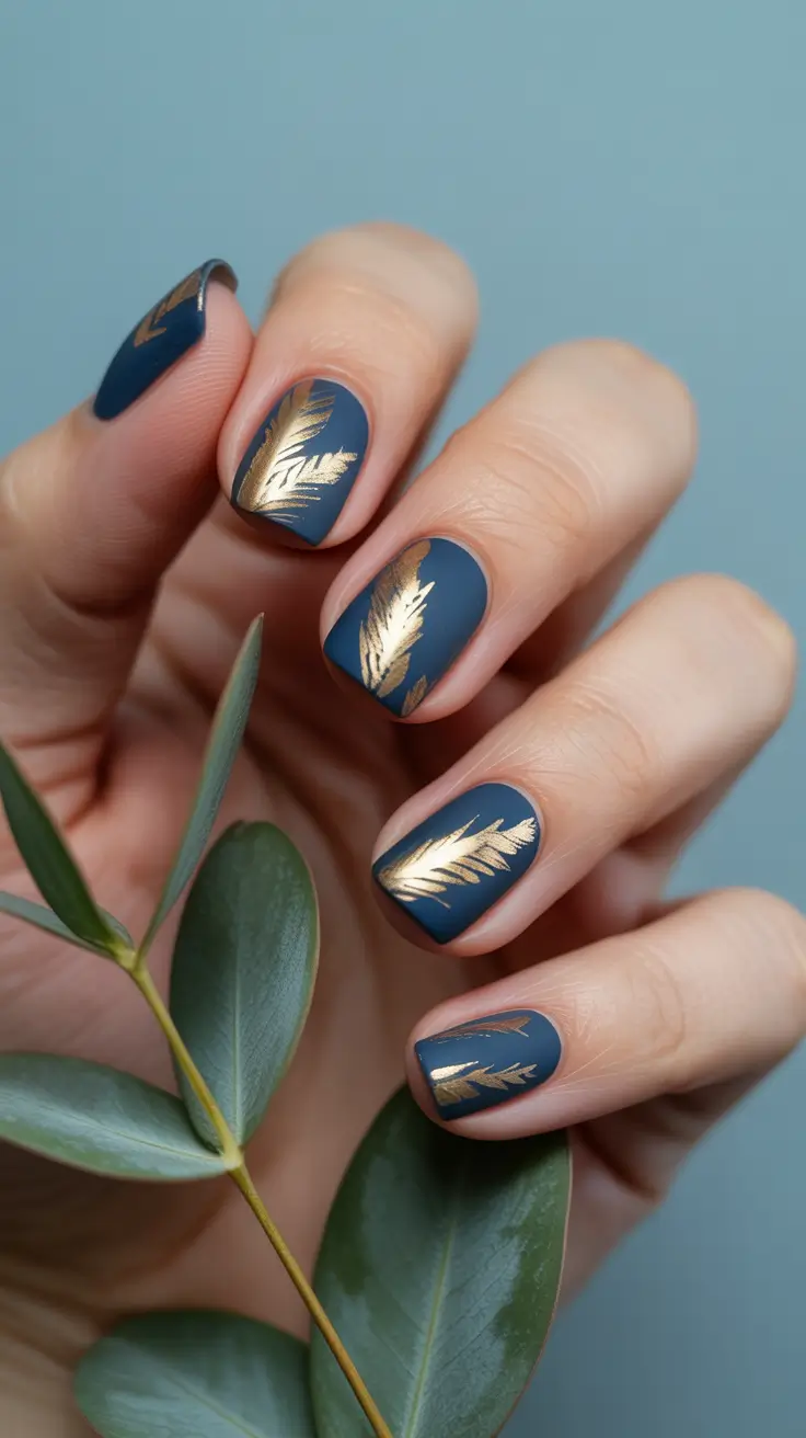 Navy Blue Fall Nail Ideas 2025 Matte Golden Feathers