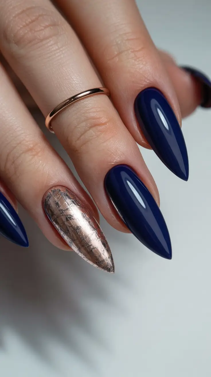Navy Blue Fall Nail Ideas 2025 Navy Rose Gold Accent