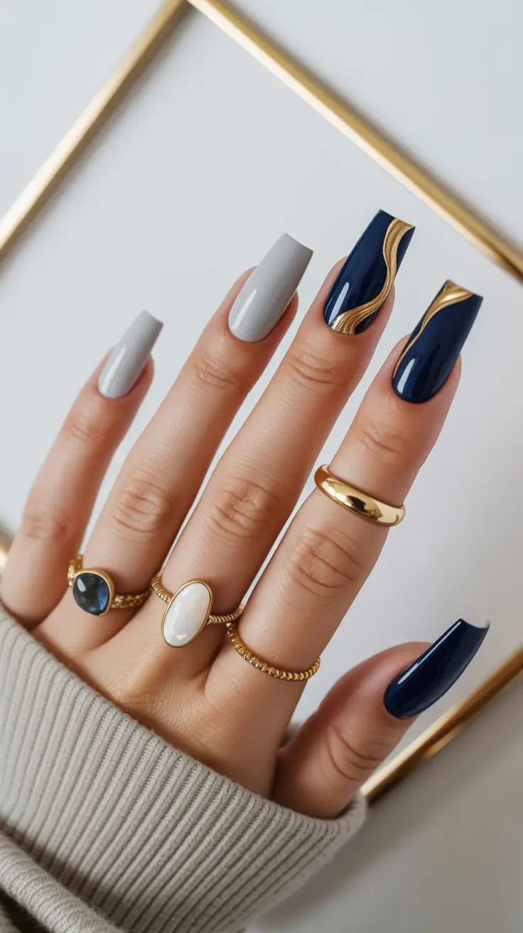 Navy Blue Fall Nail Ideas 2025 Elegant Navy and Gold Swirl Accents