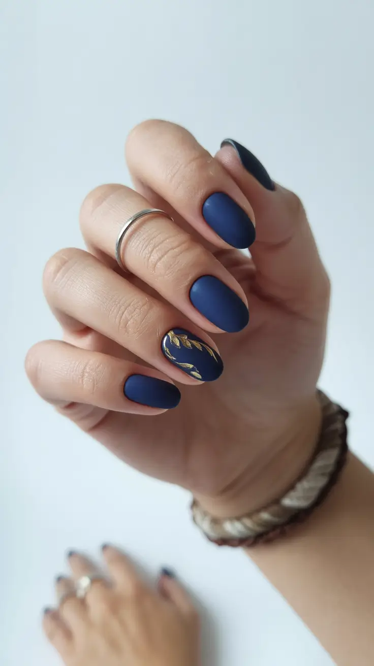 Navy Blue Fall Nail Ideas 2025 Matte Navy with Golden Leaf Detail