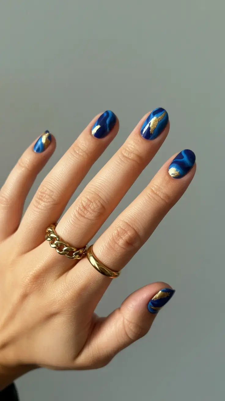 Navy Blue Fall Nail Ideas 2025 Glossy Navy Marble with Gold Touches