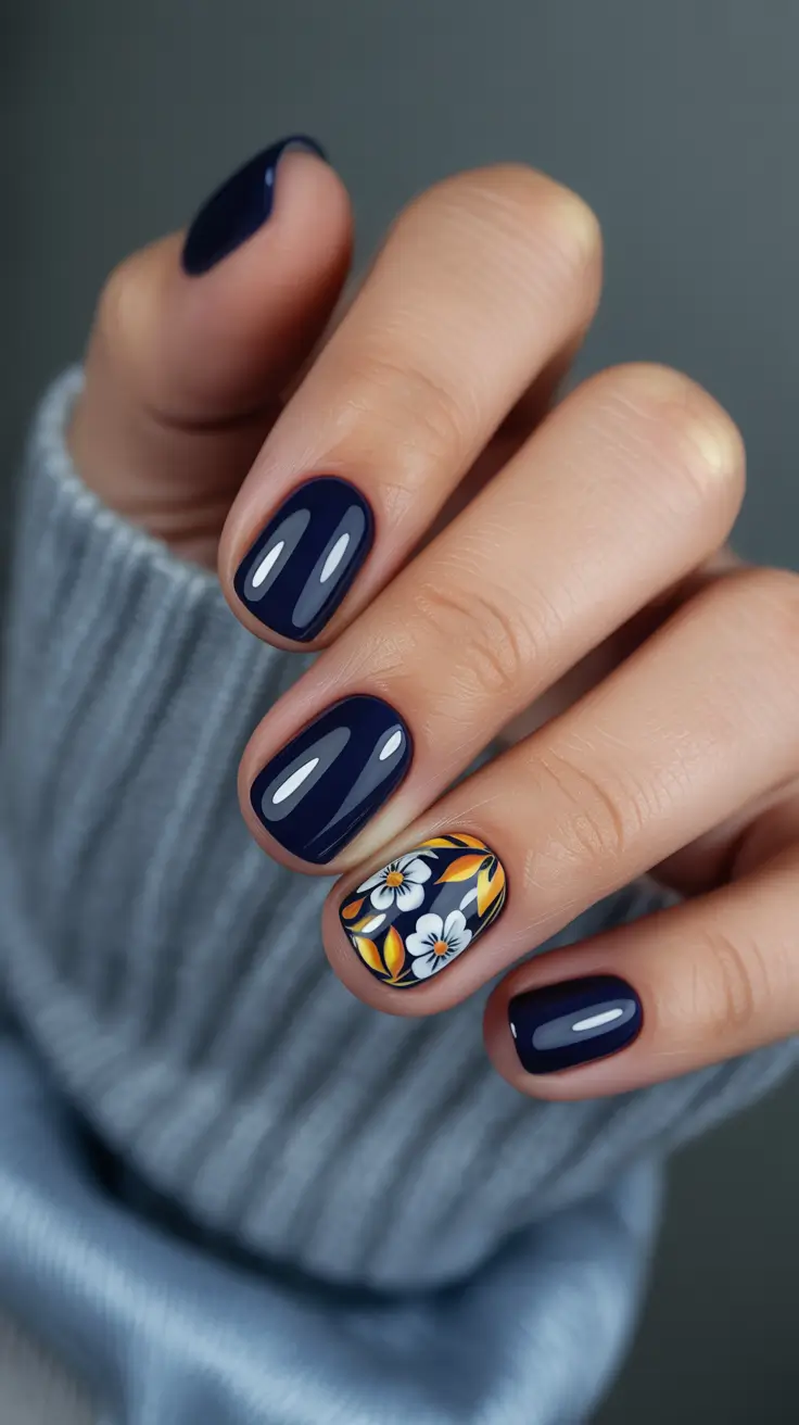 Navy Blue Fall Nail Ideas 2025 Navy Blue Corsages with Autumn Thingies