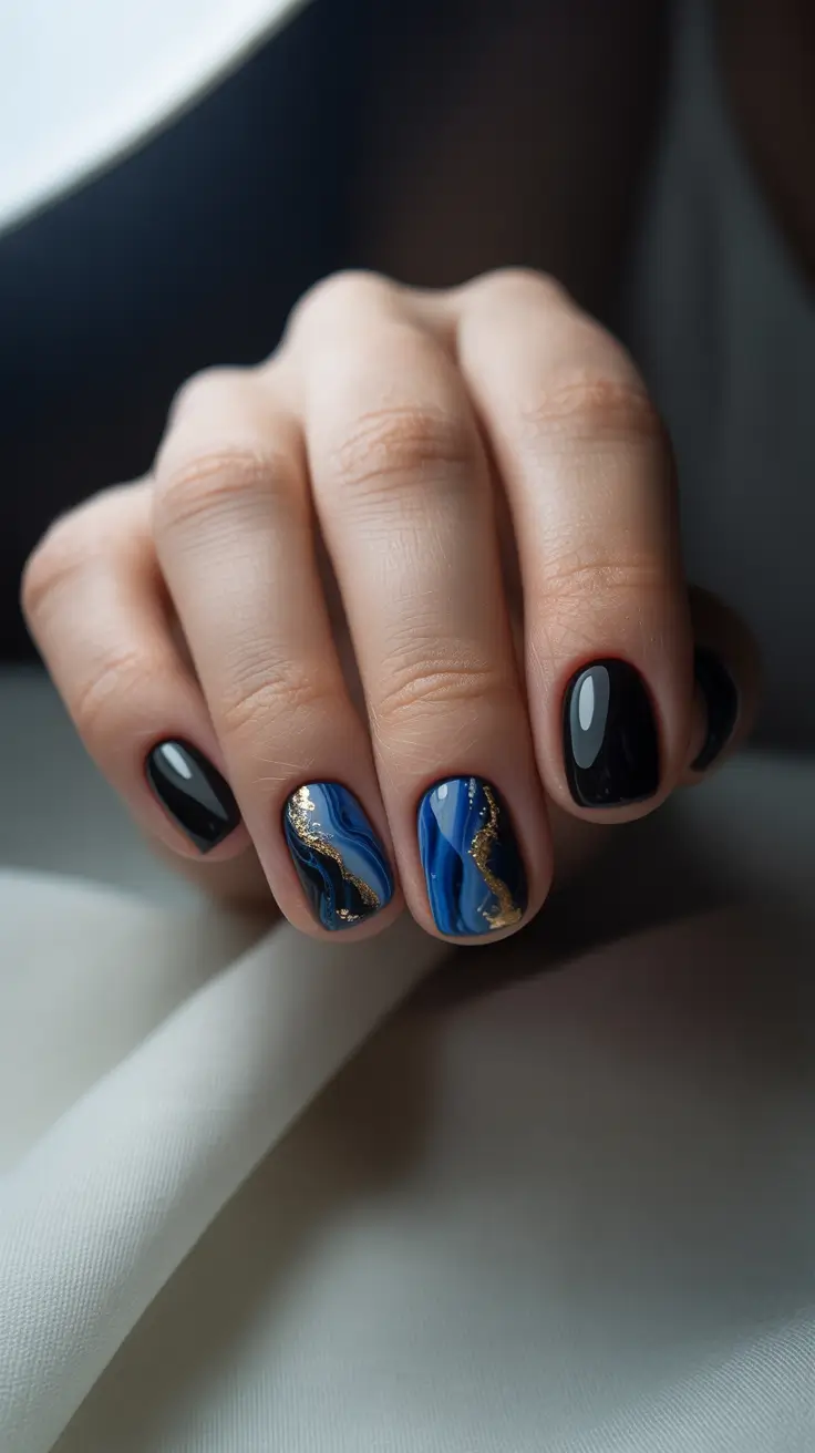 Navy Blue Fall Nail Ideas 2025 Deep Navy Marble with Gold Linked Veins