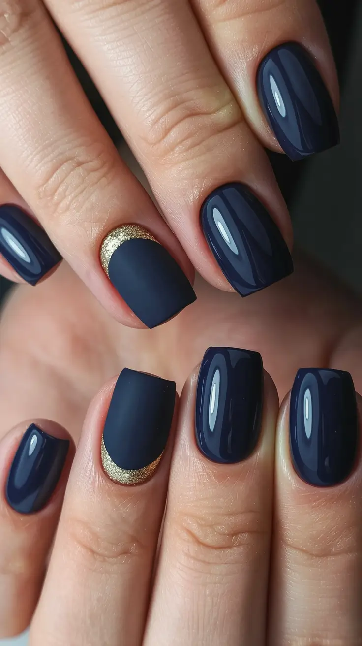 Navy Blue Fall Nail Ideas 2025 Matte Navy Squares with Golden Half-Moons