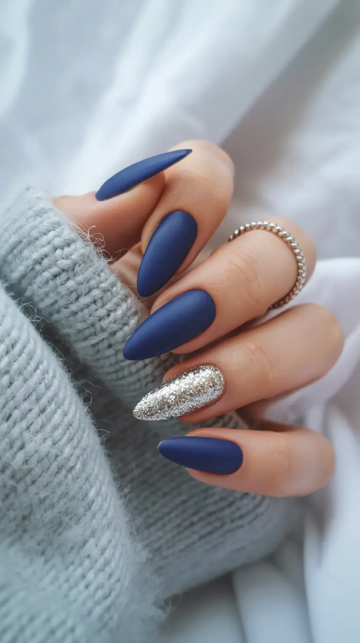 Navy Blue Fall Nail Ideas 2025 Almond Silver Sparkle