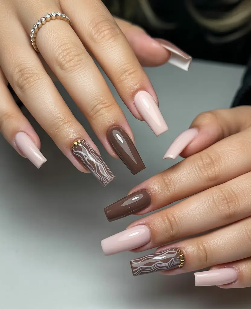 neutral fall nails 2025 Neutral Marble Square