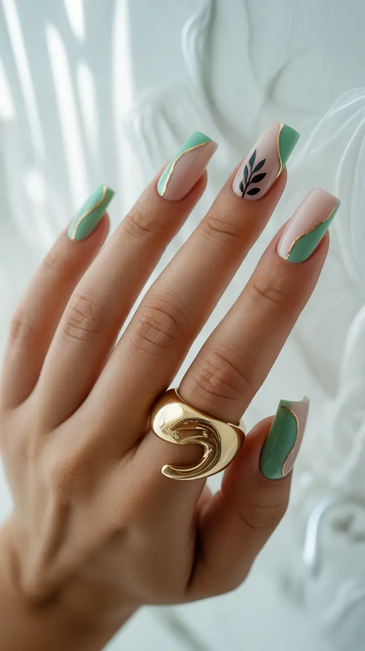 neutral fall nails 2025 Sage Green with Golden Accents
