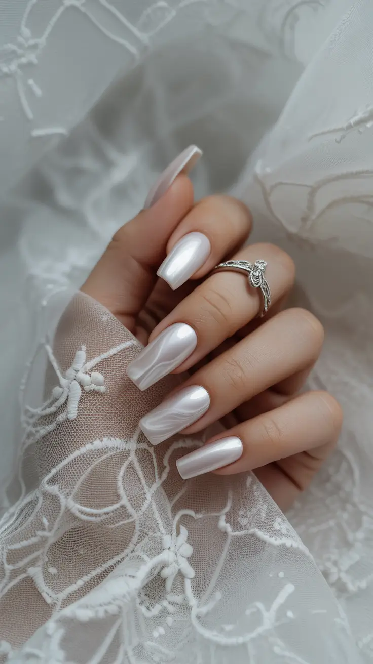 neutral fall nails 2025 Pearl Chrome Glow
