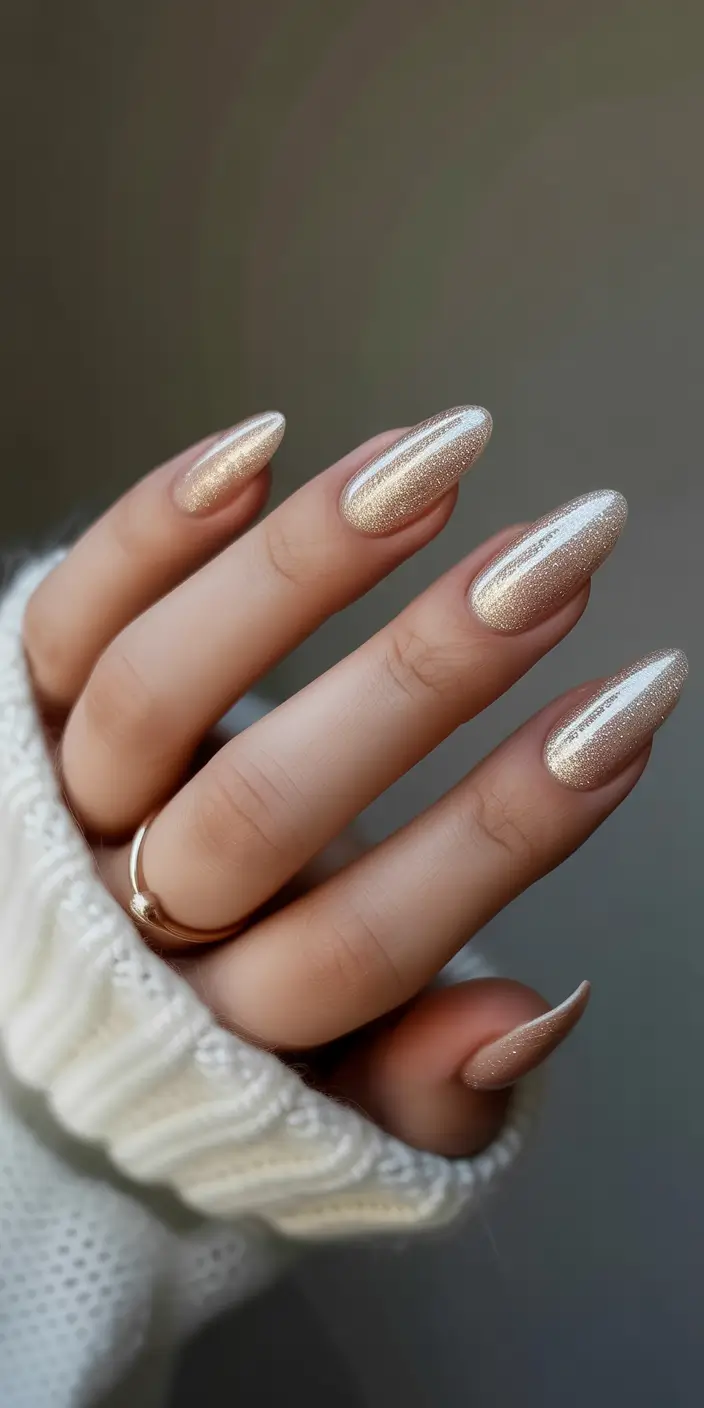 neutral fall nails 2025 Champagne Chrome Glow