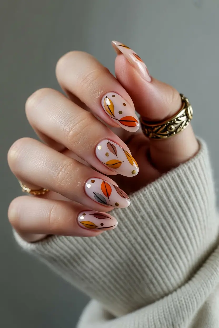 neutral fall nails 2025 Falling Leaves Art