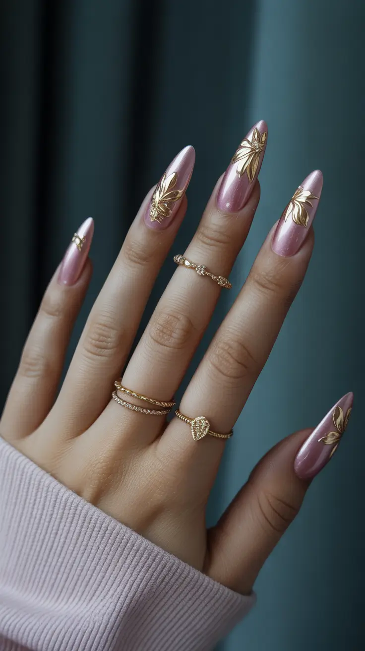 October nails color ideas 2025 Rose Gold Florals with Autumn Glam