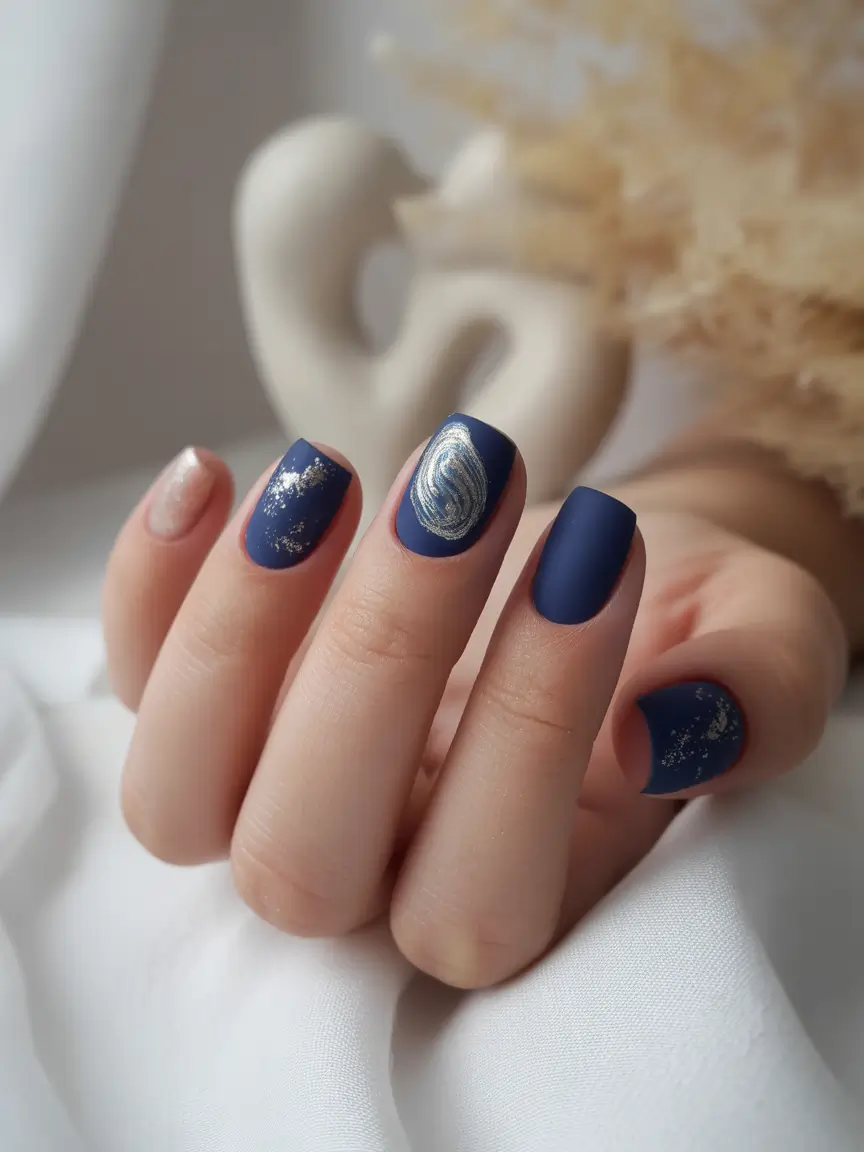 October nails color ideas 2025 Midnight Blue with Celestial Hints