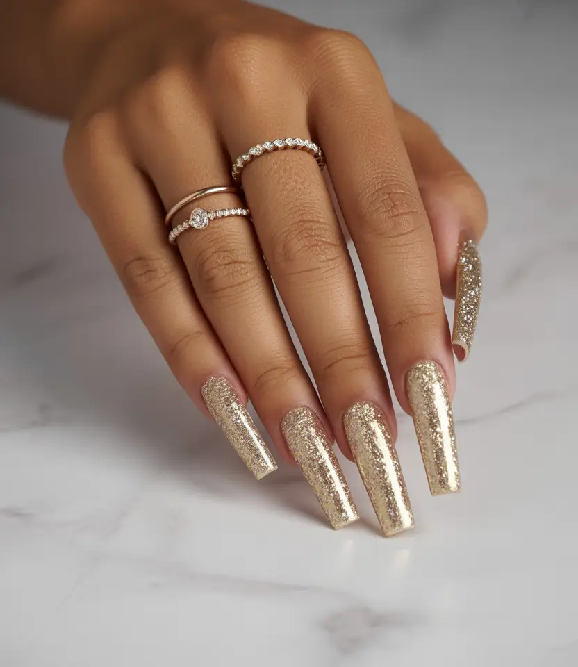 October nails color ideas 2025 Golden Glitter Extravaganza