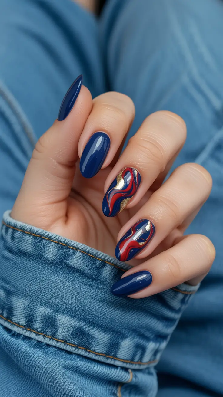October nails color ideas 2025 Wavy Indigo with Red and Gold