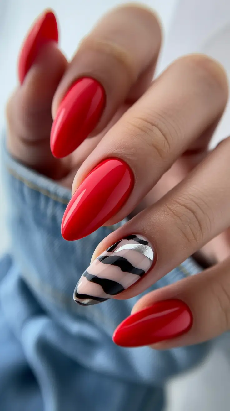 October nails color ideas 2025 Scarlet with Zebra Accent