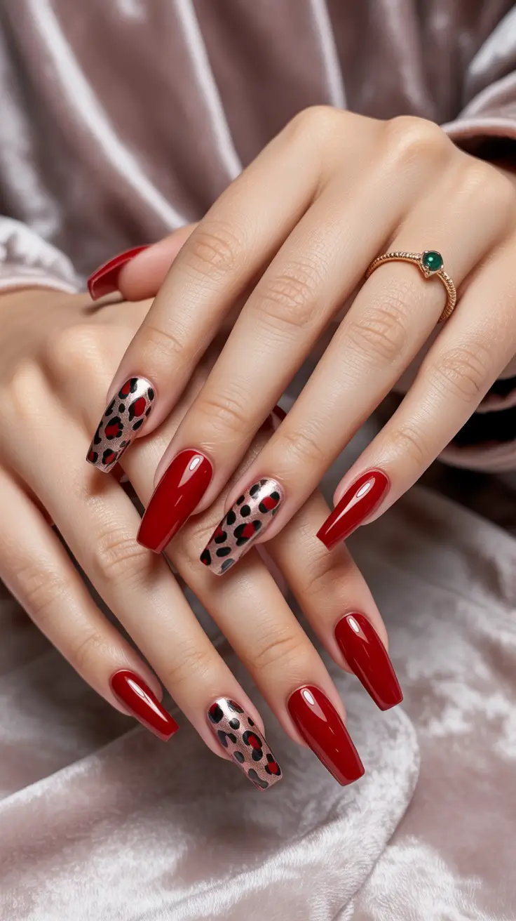 October nails color ideas 2025 Crimson Leopard Glam