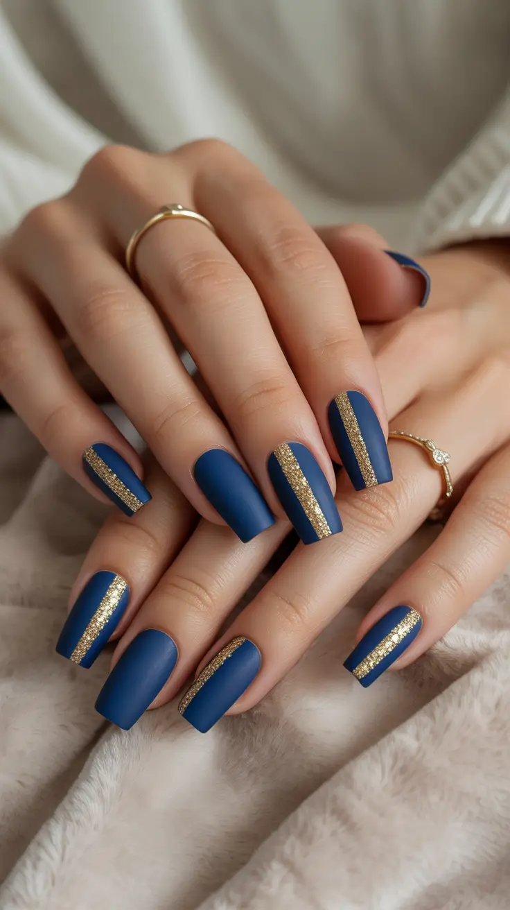 October nails color ideas 2025 Midnight Blue with Golden Stripes