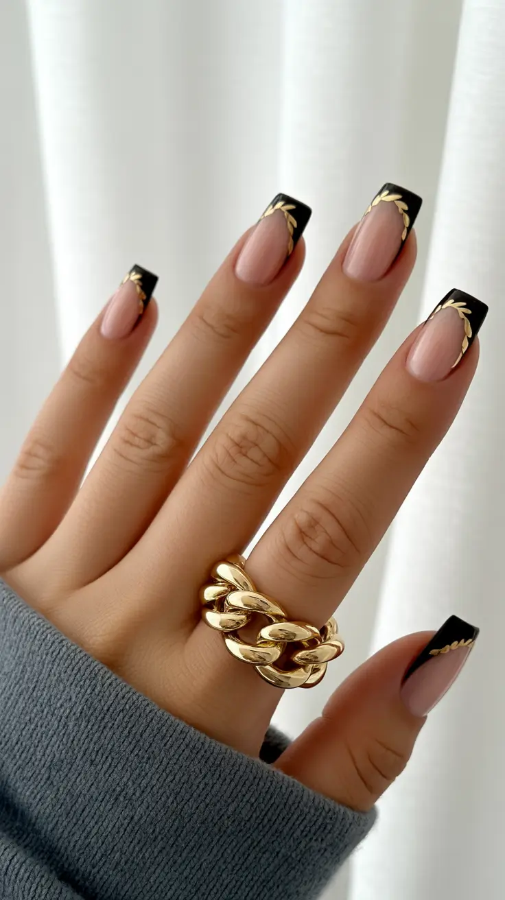 October nails color ideas 2025 Golden-Tipped Noir French
