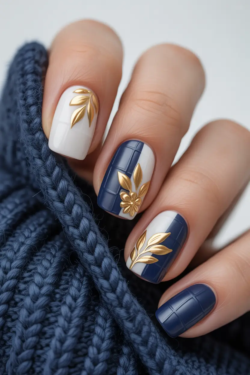 October nails color ideas 2025 Navy and Gold Elegance