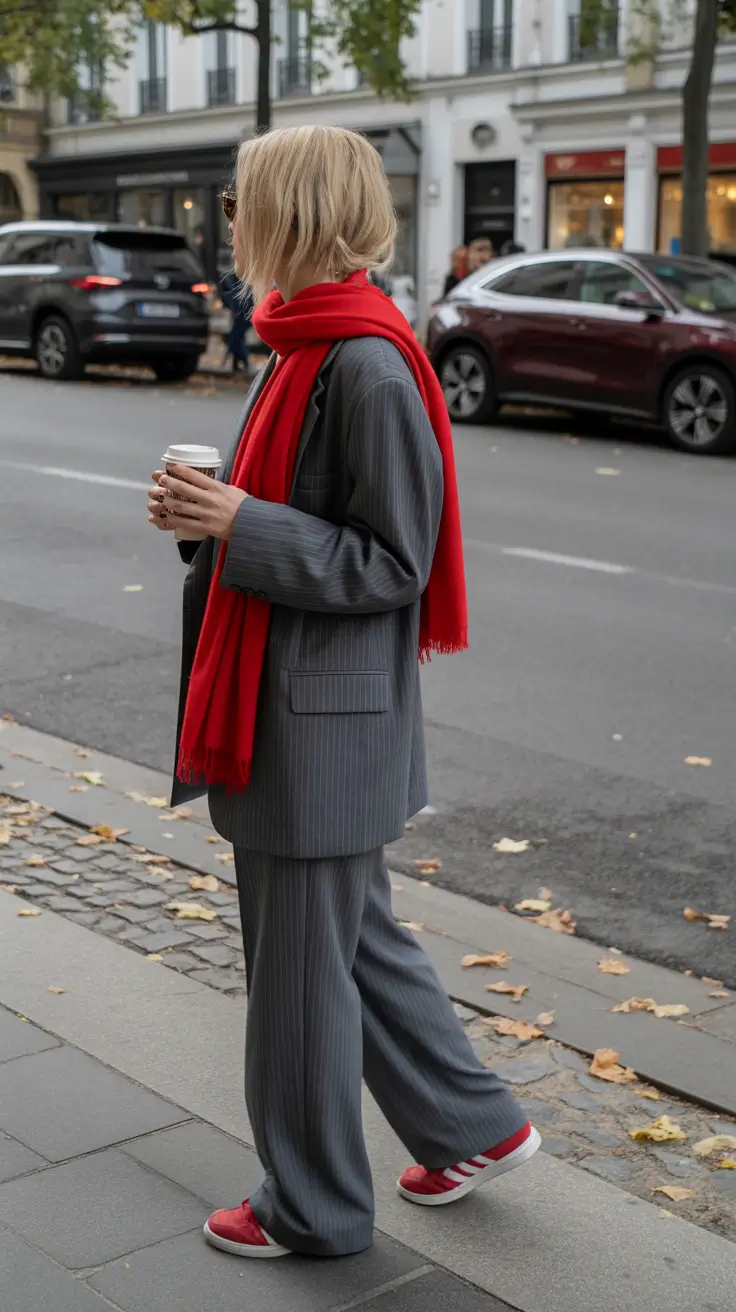 October outfits 2025 Pinstripe Suit with a Bold Pop
