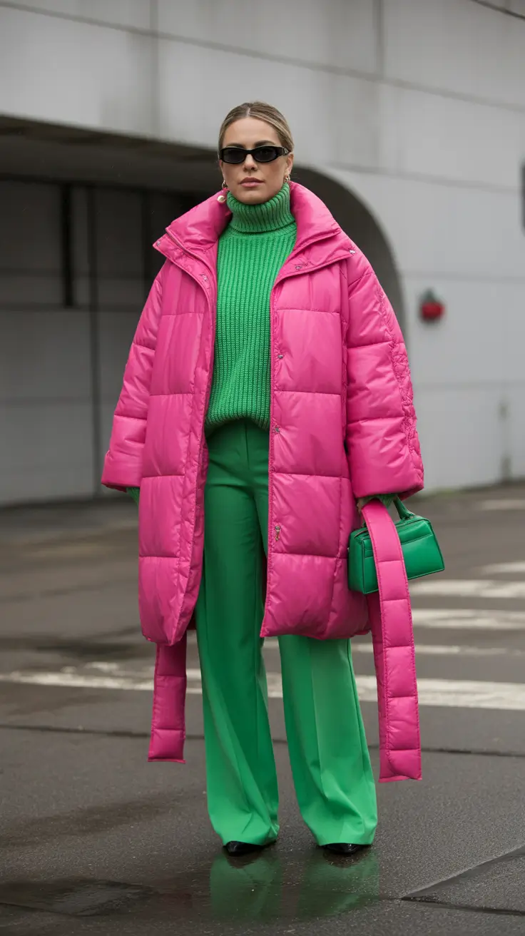 October outfits 2025 Bold Color Clash: Pink Meets Green