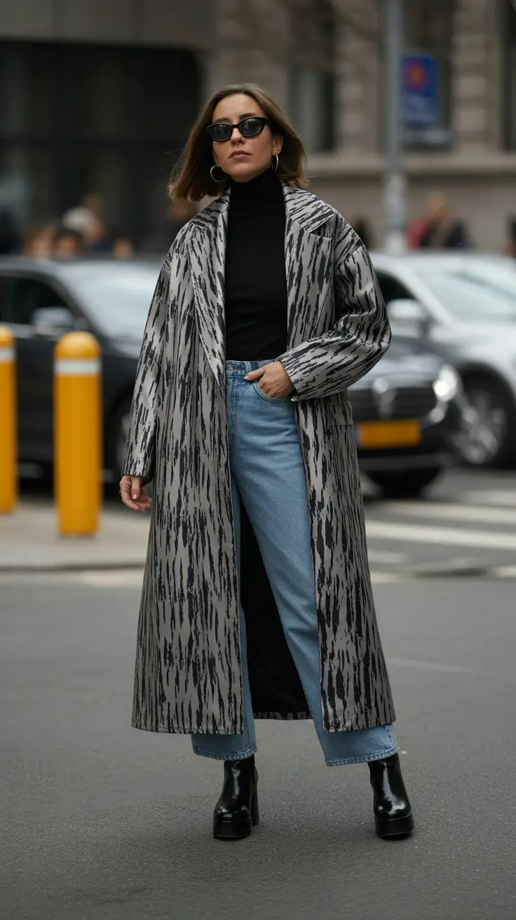 October outfits 2025 Graphic Long Coat with Denim