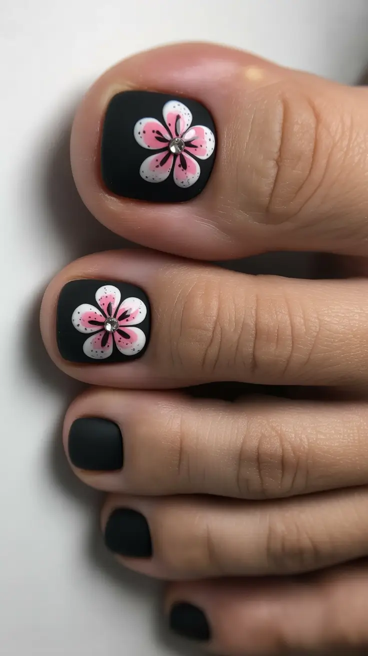 October toe nails ideas 2025 Matte Black with Floral Edge