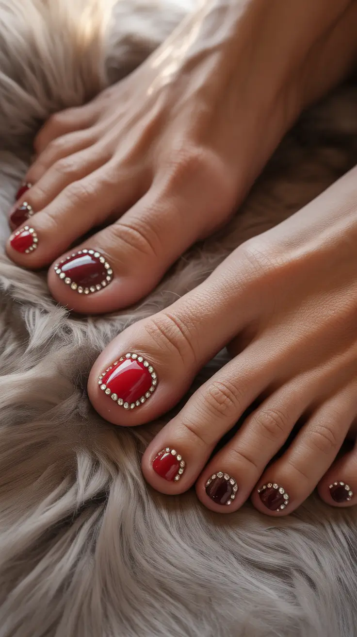 October toe nails ideas 2025 Classic Red with Crystal Frames