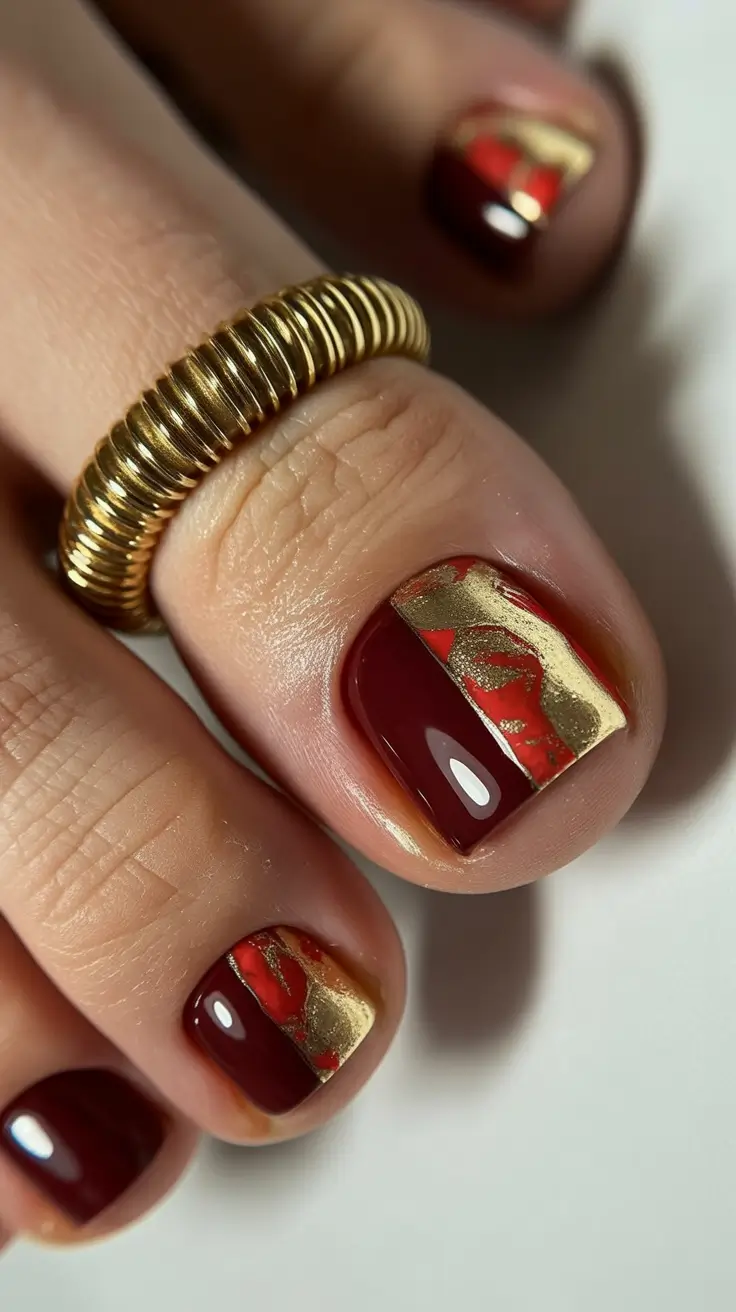 October toe nails ideas 2025 Deep Burgundy with Gold Foil Drama