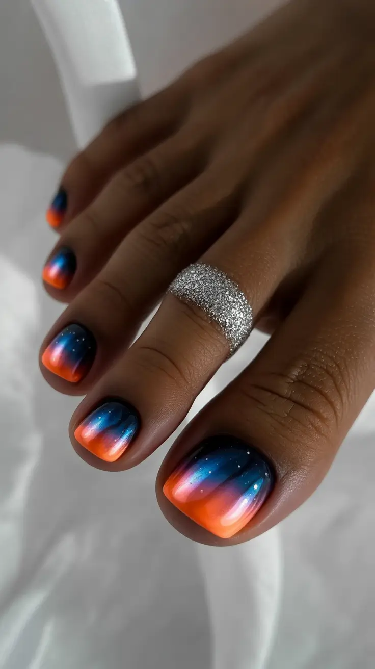October toe nails ideas 2025 Twilight Ombre with Cosmic Sparkle