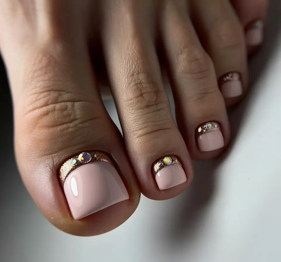October toe nails ideas 2025 Rose Nude with Gemstone Accents