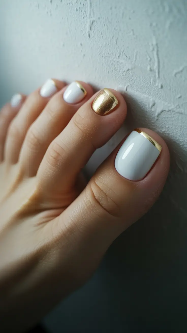 October toe nails ideas 2025 White and Gold Luxe Contrast