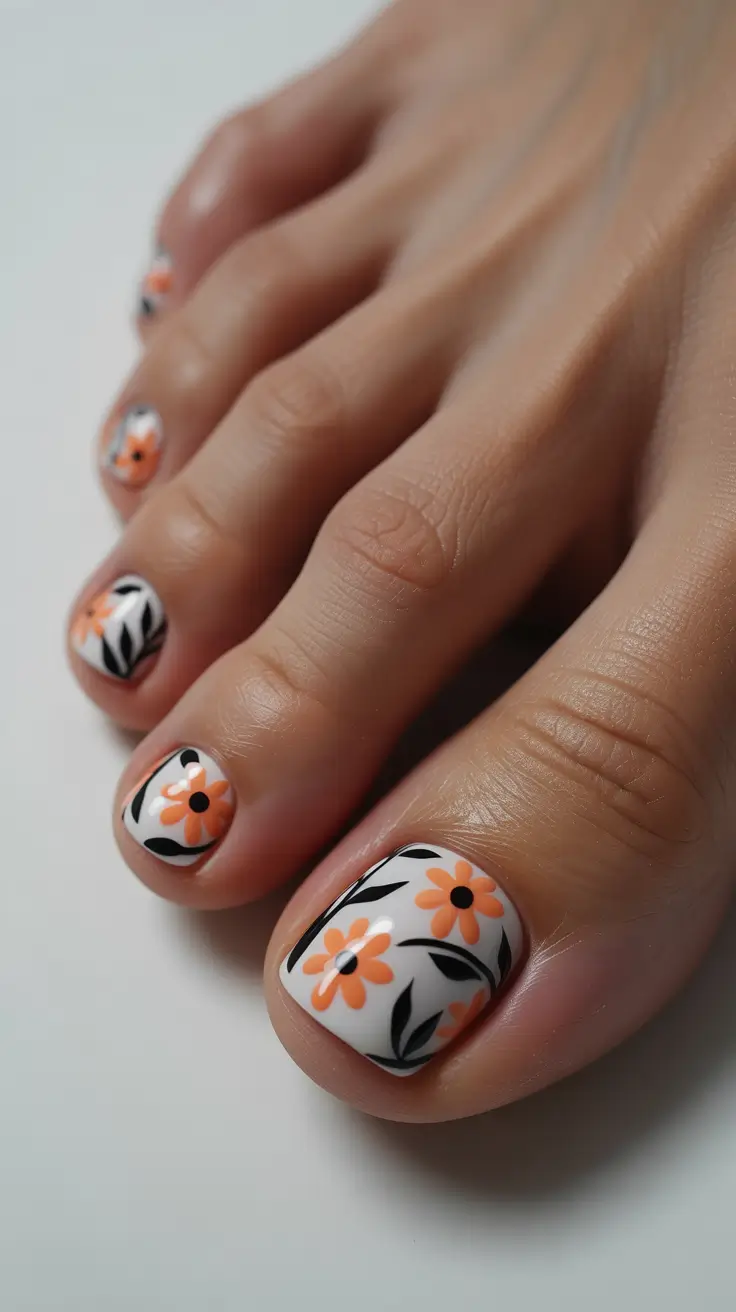 October toe nails ideas 2025 Playful Orange Florals