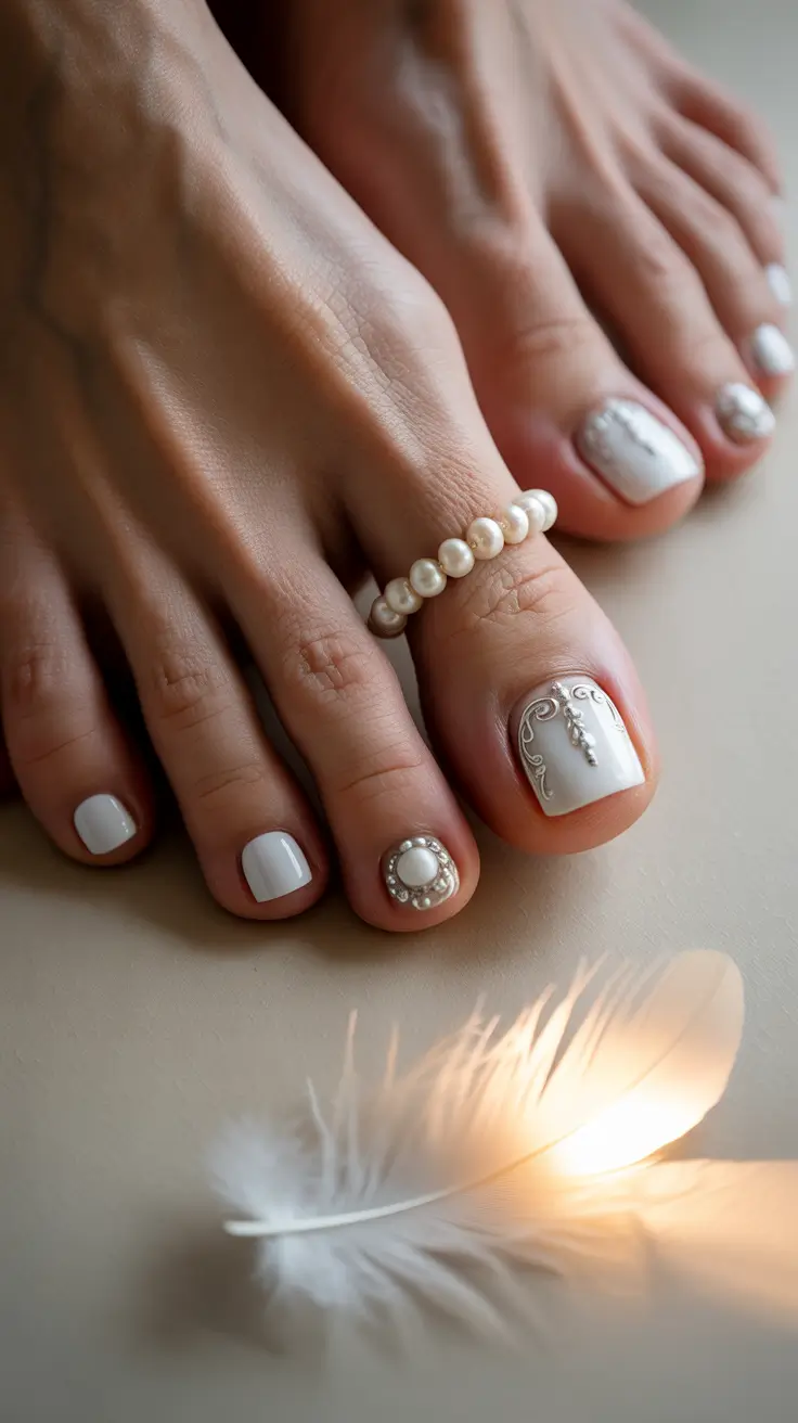 October toe nails ideas 2025 Pearl White Opulence