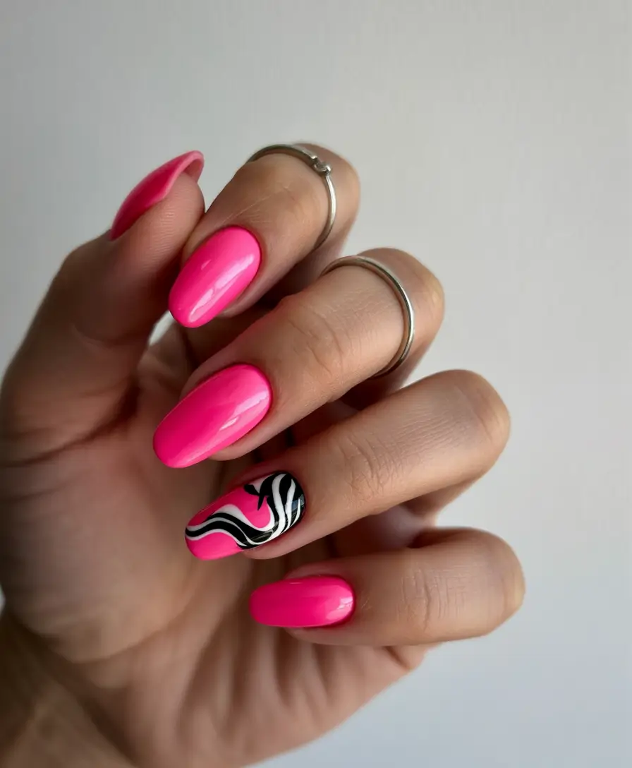 pink-fall-nails-2025-Bold Pink With Zebra Accent