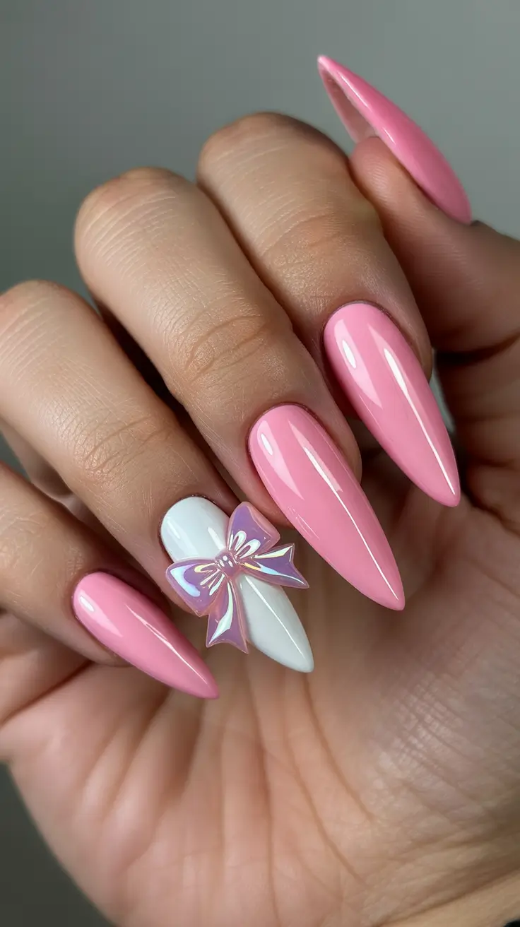pink fall nails 2025 Glossy Pink with 3D Bow Accent
