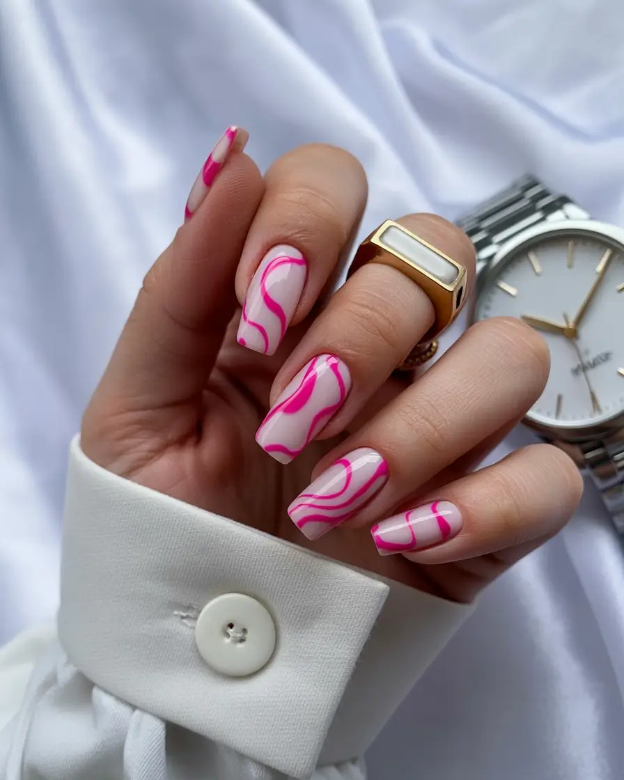 pink fall nails 2025 Retro Pink Swirls